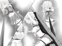 1girl barefoot bdsm blush bondage bound breasts breasts_out closed_eyes gag hair_ribbon large_breasts legs_together midriff monochrome nipple_tickling ribbon sitting tickle_torture tickling torture