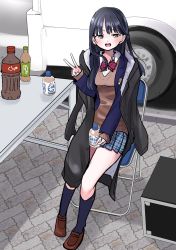 Rule 34 | 1girl, black hair, boku no kokoro no yabai yatsu, bow, bowtie, brown eyes, chair, drink, folding chair, food, full body, highres, holding, holding drink, holding food, loafers, long coat, long hair, open mouth, outdoors, pleated skirt, sakurai norio, school uniform, shoes, sitting, skirt, smile, soda, soda bottle, solo, table, tagme, v, yamada anna