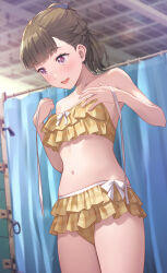 1girl :d bikini black_bow blurry blurry_background blush bow breasts brown_hair center-flap_bangs collarbone commentary_request cowboy_shot frilled_bikini frills hair_bow highres indoors kachimachi_kosuzu kachimachi_kosuzu_(swimsuit) link!_like!_love_live! long_hair looking_ahead love_live! official_alternate_costume official_alternate_hairstyle open_mouth pink_eyes ponytail ruffle_bikini shamakho small_breasts smile solo stomach swimsuit teeth undressing upper_teeth_only virtual_youtuber yellow_bikini
