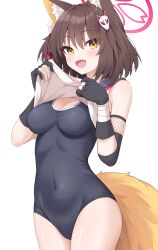 1girl absurdres animal_ears bare_shoulders black_gloves black_one-piece_swimsuit blue_archive blush breasts brown_hair cleavage clothes_lift colored_inner_animal_ears commentary covered_navel cowboy_shot elbow_gloves enru fang fox_ears fox_girl fox_hair_ornament fox_tail gloves hair_ornament halo highres izuna_(blue_archive) lifting_own_clothes looking_at_viewer medium_breasts one-piece_swimsuit open_mouth partially_fingerless_gloves pink_halo pom_pom_(clothes) pom_pom_hair_ornament rope shimenawa shirt shirt_lift short_hair simple_background skin_fang smile solo swimsuit tail thighs white_background white_shirt yellow_eyes yellow_tail