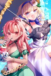 2girls bare_shoulders berry bikini blonde_hair breasts cleavage closed_mouth collarbone constance_von_nuvelle constance_von_nuvelle_(summer) dark-skinned_female dark_skin drill_hair drill_sidelocks fire_emblem fire_emblem:_three_houses fire_emblem_heroes flower food green_bikini hair_flower hair_ornament hairband hapi_(fire_emblem) hapi_(summer)_(fire_emblem) highres holding holding_umbrella ice_cream jewelry karingityou large_breasts medium_breasts medium_hair melting_ice_cream multicolored_hair multiple_girls navel nintendo official_alternate_costume one-piece_swimsuit open_mouth parasol purple_hair red_eyes red_hair sarong shaved_ice short_hair sidelocks smile stomach swimsuit umbrella underboob utensil_in_mouth white_one-piece_swimsuit white_sarong