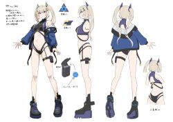 1girl back back_cutout bare_back bare_legs bare_shoulders bikini black_bikini black_garter_straps black_shoes blonde_hair blue_bikini blue_eyes blue_jacket blue_shoes boots breasts character_name character_profile clothes_on_and_off clothing_cutout commentary from_behind from_side full_body garter_straps hair_between_eyes hair_ornament hairclip highres jacket legs long_hair long_sleeves looking_at_viewer medium_breasts morros multi-strapped_bikini_bottom multicolored_bikini multicolored_shoes multiple_views navel notes off_shoulder original pointing_out_the_details pouch reference_sheet shoe_soles shoes simple_background single_garter_strap standing stomach straight-on swimsuit tekkou-chan_(morros) thigh_pouch thigh_strap thighs translation_request triangle_hair_ornament turnaround turtleneck_bikini_top twintails two-tone_bikini two-tone_shoes variations white_background