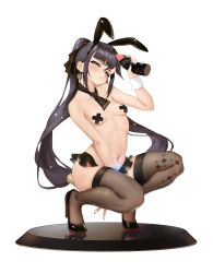 1girl absurdres animal_ears between_legs black_footwear black_hair black_hairband black_skirt blue_nails blunt_bangs blush breasts breasts_apart brown_thighhighs closed_mouth detached_collar disembodied_penis earrings fake_animal_ears faux_figurine full_body genshin_impact green_eyes hairband hand_between_legs handjob head_tilt high_heels highres jewelry l_ract long_hair looking_at_viewer microskirt mona_(genshin_impact) nail_polish navel pasties penis pubic_tattoo rabbit_ears reflection simple_background skirt small_breasts smile sparkle_print squatting tattoo thighhighs topless_female twintails very_long_hair white_background wrist_cuffs