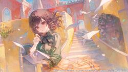 1girl absurdres architecture black_ribbon braid brown_eyes brown_hair buttons collared_shirt commentary copyright_notice cowboy_shot dutch_angle english_commentary flying_paper green_shirt hair_ribbon hand_up highres holding holding_notebook holding_pencil looking_at_viewer maccha_(mochancc) notebook official_art outdoors paper parted_lips pencil plaid_clothes plaid_skirt plant pleated_skirt portugal project_sekai ribbon shinonome_ena shirt short_hair single_braid skirt sleeve_ribbon solo stairs wind window
