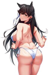 1girl animal_ear_fluff animal_ears ass atago_(azur_lane) atago_(summer_march)_(azur_lane) azur_lane bare_back bare_legs bare_shoulders bikini black_hair breasts commentary_request covered_erect_nipples cowboy_shot dog_ears extra_ears from_behind green_eyes highres kagiyama_(clave) large_breasts long_hair looking_back mole mole_under_eye official_alternate_costume ribbon simple_background smile solo swept_bangs swimsuit thighs undone_bikini white_background white_bikini white_ribbon