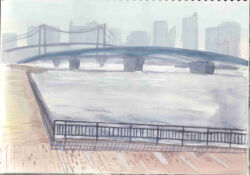 Rule 34 | blue sky, bridge, building, cable-stayed bridge, city, concrete, day, fence, fumeshi, harbor, highres, iron fence, no humans, ocean, original, painting (medium), scenery, shadow, shore, sky, skyscraper, sunlight, traditional media, water, watercolor (medium), wooden floor