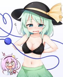 0_0 2girls ^^^ aqua_eyes arms_behind_back bare_shoulders black_bra black_headwear blush bra breasts chibi chibi_inset cleavage collarbone commentary eyes_visible_through_hair green_hair green_skirt hair_over_shoulder hat hat_ribbon highres hot komeiji_koishi komeiji_satori lace lace-trimmed_bra lace_trim medium_breasts medium_hair multiple_girls no_shirt pink_hair removing_bra ribbon siblings simple_background sisters skirt solo_focus suwa_yasai sweat third_eye touhou translated underwear white_background yellow_ribbon