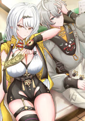 1boy 1girl absurdres black_gloves black_shorts fingerless_gloves gloves green_eyes grey_hair high-waist_shorts highres lawgdrawingworkshop shorts single_hair_intake single_thighhigh thighhighs vest white_hair wise_(zenless_zone_zero) yellow_eyes yellow_vest yi_xuan_(zenless_zone_zero) yin_yang_pin zenless_zone_zero