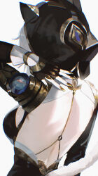 1girl absurdres animal_hood arm_up backless_outfit bare_back black_hood breasts cat_girl cat_hood cat_tail chromatic_aberration cipher_(honkai:_star_rail) commentary_request fingerless_gloves from_behind gloves gold_nails highres honkai:_star_rail honkai_(series) hood hooded_leotard large_breasts maria_(maria_rose) median_furrow simple_background solo tail upper_body white_background white_hair