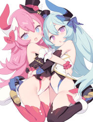 2girls asymmetrical_horns bare_shoulders black_headwear black_sleeves black_thighhighs blade_(galaxist) blue_bow blue_eyes blue_flower blue_hair blush bow breasts commentary detached_sleeves flower hair_between_eyes hair_bow hat hat_flower highleg highleg_panties highres honkai_(series) honkai_impact_3rd horns hug liliya_olenyeva loli long_hair mechanical_tail mini_hat multiple_girls navel no_pants open_mouth panties pink_bow pink_eyes pink_flower pink_hair pink_scrunchie pink_thighhighs bad_tag rozaliya_olenyeva scrunchie simple_background small_breasts symbol-only_commentary tail thighhighs underwear uneven_horns white_background white_panties wrist_scrunchie yuri