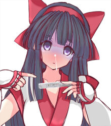 1girl ainu_clothes black_hair blush breasts cold fingerless_gloves gloves hair_ribbon highres large_breasts long_hair looking_at_viewer nakoruru parted_lips pointing pregnancy_test purple_eyes ribbon samurai_spirits shaded_face sick snk solo the_king_of_fighters turn_pale
