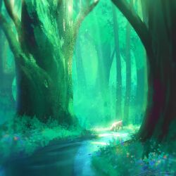 Rule 34 | artist name, bush, dappled sunlight, deer, flower, forest, green theme, landscape, light particles, nature, no humans, original, painterly, path, road, scenery, signature, sunlight, zandra