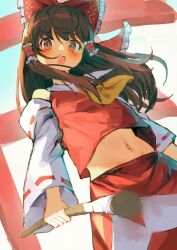 1girl absurdres ascot blush bow brown_eyes brown_hair cowboy_shot gohei hair_bow hair_tubes hakurei_reimu highres holding holding_gohei long_hair long_sleeves looking_at_viewer midriff navel open_mouth red_bow red_skirt red_vest ribbon-trimmed_sleeves ribbon_trim skirt solo standing touhou tungsten_mochoo vest white_sleeves yellow_ascot