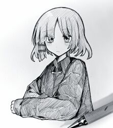 1girl art_tools_in_frame blush bocchi_the_rock! closed_mouth commentary_request cropped_torso eyes_visible_through_hair graphite_(medium) greyscale hatching_(texture) jacket linear_hatching long_sleeves looking_at_viewer mechanical_pencil mole mole_under_eye monochrome parted_bangs pencil short_hair sleeves_past_wrists takoiro traditional_media woven_hatching yamada_ryo