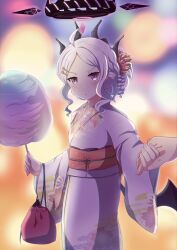 1boy 1girl alternate_costume alternate_hairstyle bag blue_archive blurry braid braided_bun commentary_request cotton_candy depth_of_field dual_wielding forehead hair_bun hair_ornament hairclip halo handbag highres hina_(blue_archive) holding holding_cotton_candy holding_food holding_hands holding_skewer japanese_clothes kimono long_hair long_sleeves looking_at_viewer obi out_of_frame outdoors parted_bangs parted_lips petals pov pov_hands sash sensei_(blue_archive) sidelocks skewer summer_festival v-shaped_eyebrows wavy_hair wide_sleeves yukata yukimi_unagi