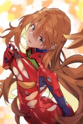 1girl ass blue_eyes bodysuit breasts brown_hair cleavage highres long_hair mecha_pilot_suit neon_genesis_evangelion plugsuit_(evangelion) pulling_own_clothes souryuu_asuka_langley torn_clothes yagisawa_teru yagisawateru