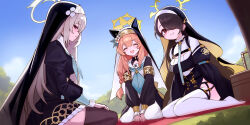 3girls animal_ear_headwear between_legs black_coat black_dress black_hair black_thighhighs black_veil blue_archive blush cat_girl closed_eyes closed_mouth coat collar dress fake_animal_ears flower grey_hair hair_between_eyes hair_flower hair_ornament hair_over_one_eye hand_between_legs highres hinata_(blue_archive) long_hair mari_(blue_archive) multiple_girls no_shoes open_mouth orange_hair purple_eyes sailor_collar sakurako_(blue_archive) setakman sidelocks sitting smile thighhighs veil wariza white_collar white_dress white_flower white_sailor_collar white_thighhighs