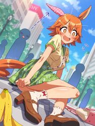 1girl absurdres animal_ears bag banana_peel breasts brown_shoes commentary_request day ear_covers flipped_hair green_skirt hair_ornament hairclip handbag highres horse_ears horse_girl horse_tail legs mary_janes matikanefukukitaru_(umamusume) medium_breasts on_ground open_mouth orange_hair outdoors pink_bag ribbon shoes short_hair short_sleeves single_ear_cover skirt smile socks solo_focus tail thighs twitter_username umamusume watermark white_ribbon yazawa_happyaro
