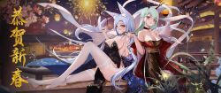 2girls absurdres animal_ears architecture backless_outfit bare_hips bare_shoulders blue_hair breasts calligraphy_brush china_dress chinese_clothes chinese_new_year chinese_text collarbone dragon_girl dress east_asian_architecture eastern_dragon_horns fireworks fox_ears fox_girl fox_tail green_hair hanfu heziqun highres kitsune kyuubi lantern large_breasts medium_breasts multiple_girls multiple_tails new_year night original paintbrush pointy_ears red_eyes simplified_chinese_text tail xllycyer yellow_eyes