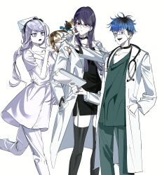 1boy 2girls absurdres animal animal_on_shoulder black_bow black_choker black_dress black_hairband black_thighhighs blue_hair blue_ribbon bow bow_hairband braid cat cat_on_shoulder choker clipboard collarbone doctor dress earrings eyepatch face_piercing feet_out_of_frame glasses grey_eyes grey_hair grin hair_ornament hairband hairpin hand_in_pocket hand_up hat highres holding holding_animal holding_cat holding_clipboard jewelry kirifuji_nozomi lab_coat labret_piercing long_hair looking_at_animal looking_at_viewer medical_scrubs multicolored_hair multiple_girls nurse nurse_cap omokage_yugamu pabitelsafe3 piercing purple_eyes purple_hair red_eyes ribbon shizuhara_hiruko short_hair simple_background smile stethoscope stethoscope_around_neck the_hundred_line_-last_defense_academy- thighhighs veterinarian white_background