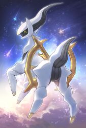 above_clouds arceus closed_mouth cloud commentary_request creatures_(company) day_walker1117 full_body game_freak gen_4_pokemon highres legendary_pokemon mythical_pokemon nintendo no_humans outdoors pokemon pokemon_(creature) pokemon_focus red_eyes shooting_star sky solo