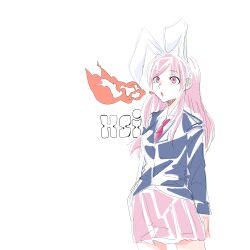 Rule 34 | 1girl, absurdres, animal ears, black jacket, blazer, breath weapon, breathing fire, character name, collared shirt, commentary, cookie (touhou), cowboy shot, fire, highres, hisui (cookie), jacket, long hair, long sleeves, looking afar, necktie, nukazuke (nukanukadukeduk), open mouth, pink eyes, pink hair, pink skirt, pleated skirt, rabbit ears, red necktie, reisen udongein inaba, shirt, sidelocks, simple background, skirt, smile, solo, swept bangs, touhou, white background, white shirt