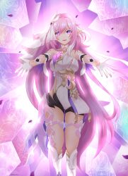 1girl absurdres aponia_(honkai_impact) black_shorts boots breasts commentary corset crystal_shards diamond-shaped_pupils diamond_(shape) eden_(honkai_impact) elf elysia_(herrscher_of_human:_ego)_(honkai_impact) elysia_(honkai_impact) english_commentary fu_hua griseo griseo_(starry_impression) highres honkai_(series) honkai_impact_3rd kalpas_(honkai_impact) kevin_kaslana kosma kuroyuki-mitsuki large_breasts long_hair looking_at_viewer mobius_(honkai_impact) pardofelis parted_lips pink_hair pointy_ears purple_eyes short_shorts shorts smile solo su_(honkai_impact) symbol-shaped_pupils thigh_strap thirteen_flame-chasers_(honkai_impact) triquetra veil very_long_hair vill-v white_boots white_corset white_veil yae_sakura yae_sakura_(goushinnso_memento)