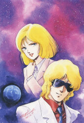 1980s_(style) 1985 1boy 1girl blonde_hair blue_eyes dated earth_(planet) formal_clothes grin gundam highres jacket kitazume_hiroyuki looking_at_another looking_at_viewer mullet nebula necktie official_art oldschool painting_(medium) planet production_art quattro_bajeena red_lips retro_artstyle sayla_mass scan science_fiction signature smile space star_(symbol) star_symbol_background traditional_media watercolor_(medium) zeta_gundam