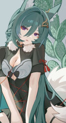 1girl absurdres ai_dongdong alternate_costume animal_ear_fluff animal_ears black_shirt breasts cactus chinese_clothes cleavage commentary_request eyeliner fox_ears fox_girl fox_tail green_hair grey_background hair_between_eyes hair_ornament head_tilt highres honkai:_star_rail honkai_(series) large_breasts long_hair looking_at_viewer makeup parted_lips purple_eyes red_eyeliner shirt short_sleeves solo tail upper_body very_long_hair yukong_(honkai:_star_rail)