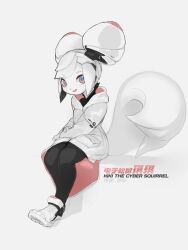 1girl 2019 absurdres animal_ears black_leggings chinese_commentary coat colored_skin commentary double_bun english_commentary full_body furry furry_female hair_bun highres joints kde kiki_the_cyber_squirrel krita_(medium) krita_(software) leggings light_smile looking_at_viewer mascot original parted_lips robot robot_joints sandals signature simple_background sitting squirrel squirrel_ears squirrel_girl squirrel_tail symbol_in_eye tail three_quarter_view toeless_legwear tsurime tyson_tan white_coat white_hair white_sandals white_skin