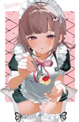 1girl :o apron blunt_bangs blush breasts brown_hair danganronpa_(series) danganronpa_2:_goodbye_despair dress feeding flipped_hair food food_on_face fruit galaga half-closed_eyes highres incoming_food large_breasts looking_at_viewer maid maid_apron maid_headdress medium_hair nanami_chiaki neck_ribbon pink_eyes pink_ribbon ribbon sa_bu_ibo short_sleeves solo spaceship_hair_ornament strawberry white_apron