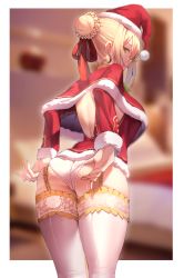 1girl adjusting_clothes adjusting_panties ass back backless_dress backless_outfit blonde_hair blurry breasts capelet christmas cowboy_shot depth_of_field dress earrings fate/extra fate/grand_order fate_(series) female_focus from_behind garter_belt garter_straps green_eyes hair_bun hair_over_one_eye hair_ribbon hat highres hoop_earrings jewelry k_pring lace lace-trimmed_legwear lace_trim large_breasts long_sleeves looking_at_viewer looking_back meme microdress naughty_face nero_claudius_(fate) nero_claudius_(fate/extra) outside_border padoru_(meme) panties red_hat red_ribbon ribbon santa_costume santa_hat short_hair sideways_mouth single_hair_bun smug solo standing thighhighs underwear white_panties white_thighhighs