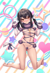 1girl adapted_costume akina_t bare_shoulders black_hair blush breasts brown_eyes cat_tail cosplay fate/grand_order fate/kaleid_liner_prisma_illya fate_(series) feather_hair_ornament feathers hair_ornament hairclip highres loli long_hair looking_at_viewer mash_kyrielight mash_kyrielight_(dangerous_beast) mash_kyrielight_(dangerous_beast)_(cosplay) miyu_edelfelt navel sidelocks solo tail twintails