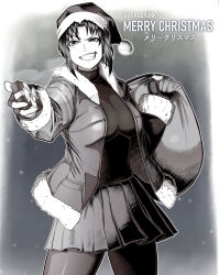 Rule 34 | 1girl, artist name, bag, black lagoon, black sweater, blush, box, coat, commentary, english commentary, english text, erodrunky, fingerless gloves, gift, gift box, gloves, greyscale, grin, hat, highres, holding, holding bag, holding gift, incoming gift, merry christmas, monochrome, pantyhose, pleated skirt, revy (black lagoon), santa hat, short hair, skirt, smile, snowing, solo, sweater, teeth, turtleneck, turtleneck sweater