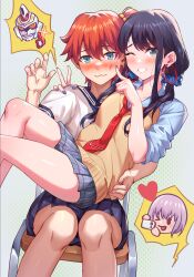 Rule 34 | 1boy, 2girls, absurdres, black hair, black sailor collar, black skirt, blue eyes, blue scrunchie, blue shirt, blush, brown vest, chair, commission, crossdressing, earrings, finger to another&#039;s cheek, grey skirt, gridman (character), gridman universe, hair between eyes, hair ornament, hair scrunchie, hand on another&#039;s back, hand on another&#039;s shoulder, heart, hibiki yuuta, highres, hoop earrings, hua-j, hug, jewelry, long hair, looking at viewer, low twintails, miniskirt, multiple girls, nail polish, necktie, official alternate costume, official alternate hairstyle, one eye closed, parted lips, pixiv commission, pleated skirt, pointing, ponytail, purple nails, red necktie, sailor collar, school uniform, scrunchie, shinjou akane, shiny skin, shirt, short hair, short ponytail, side ponytail, sitting, sitting on lap, sitting on person, skirt, smile, speech bubble, ssss.gridman, takarada rikka, thick thighs, thighs, twintails, v, vest, wavy hair