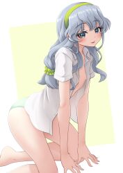 1girl absurdres arm_support breasts collared_shirt green_hairband green_panties grey_eyes grey_hair hairband highres kantai_collection kneeling leaning_forward long_hair looking_at_viewer makura_(y_makura) no_bra open_clothes open_shirt panties parted_lips shirt short_sleeves sidelocks small_breasts solo underwear wavy_hair wavy_sidelocks white_shirt yamagumo_(kancolle)