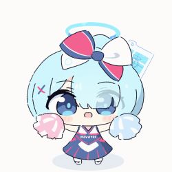 1girl :3 animated animated_gif arona_(blue_archive) blue_archive blue_bow blue_dress blue_eyes blue_hair blue_halo blunt_bangs blush_stickers bow braid cheerleader chibi clothes_writing commentary dress eyes_visible_through_hair full_body hair_bow hair_ornament hair_over_one_eye halo high_ponytail holding holding_pom_poms jumping looking_at_viewer medium_hair multicolored_bow open_mouth outstretched_arms pom_pom_(cheerleading) pom_poms ponytail red_bow sleeveless sleeveless_dress solo umihio white_bow white_dress x_hair_ornament