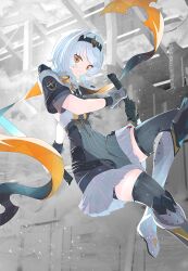 1girl absurdres anby_demara anby_demara_(silver_soldier) ascot black_dress black_hairband black_thighhighs boots braided_sidelocks dress dual_wielding grey_hair hairband high_heel_boots high_heels highres holding holding_sword holding_weapon looking_at_viewer official_alternate_costume orange_ascot orange_eyes solo sword thighhighs weapon zenless_zone_zero zeroartwo