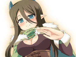 Rule 34 | 1girl, blue eyes, breasts, brown hair, cleavage, female focus, horns, long hair, pixiv fantasia, pixiv fantasia 4, pointy ears, simple background, smile, solo, uraichishi, white background