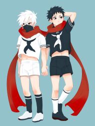 Rule 34 | 2boys, aged down, hatake kakashi, holding hands, interlocked fingers, male focus, mask, mouth mask, multiple boys, naruto (series), naruto shippuuden, red scarf, scarf, shared clothes, shared scarf, shoes, short hair, short sleeves, shorts, socks, spiked hair, uchiha obito, vosovic, yaoi