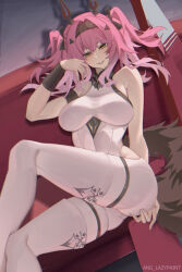 1girl ang_lazypaint armlet artist_name ass bare_shoulders black_bow bodysuit boots bow breasts collar commentary couch hair_bow hair_ornament hairband hand_up headgear highres jewelry large_breasts long_hair looking_at_viewer lupa_(wuthering_waves) metal_collar metal_hairband multiple_hair_bows on_couch parted_lips pink_hair red_pupils sitting smile solo tail thigh_boots white_bodysuit white_boots wolf_tail wrist_guards wuthering_waves yellow_eyes