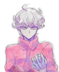 Rule 34 | 1boy, ahoge, bede (pokemon), coat, curly hair, great ball, grey hair, highres, holding, holding poke ball, looking at viewer, male focus, mugitarou, nintendo, pink coat, poke ball, pokemon, pokemon swsh, purple eyes, solo, upper body
