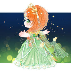 1girl animal bare_shoulders bird border braid chibi closed_mouth crown_braid dress expressionless fireflies frilled_dress frills from_behind gown green_dress green_eyes green_shawl hair_bobbles hair_ornament hair_over_shoulder highres infinity_nikki letterboxed light_blush light_particles long_dress long_hair looking_ahead low-tied_long_hair night night_sky nikki_(series) off-shoulder_dress off_shoulder orange_hair outdoors outside_border outstretched_arms pleated_dress pointy_nose shawl short_sleeves sky solo sparkle standing striped_clothes striped_dress stylist_(nikki) tangguo_xiaolan tareme tiara vertical-striped_clothes vertical-striped_dress white_border yellow_sleeves