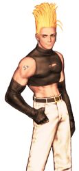1boy arm_at_side belt blonde_hair capcom_vs_snk crop_top earrings elbow_gloves fingerless_gloves from_side game_cg gloves highres jewelry long_hair looking_to_the_side male_focus mori_toshiaki muscular nikaidou_benimaru non-web_source official_art pants simple_background smile solo the_king_of_fighters thumb_in_pocket white_background white_pants