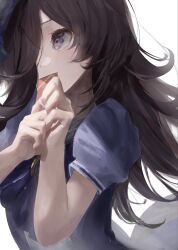1girl animal_ears box box_of_chocolates brown_hair hair_between_eyes hair_over_one_eye hat highres horse_ears horse_girl horseshoe_ornament long_hair puffy_short_sleeves puffy_sleeves purple_eyes purple_serafuku purple_shirt rice_shower_(umamusume) sailor_collar sailor_shirt school_uniform serafuku shirt short_sleeves simple_background solo summer_uniform takinii tilted_headwear tracen_school_uniform umamusume upper_body white_background