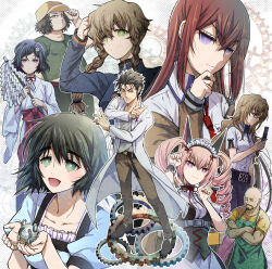 4boys 5girls akiha_rumiho amane_suzuha animal_ears arm_belt baseball_cap beard_stubble belt belt_around_waist bike_shorts black_hair black_trim blonde_hair blush braid breasts brown_hair brown_jacket brown_pants cat_ears cellphone checkered_buckle choker collared_shirt dress drill_hair everyone facial_hair flip_phone gears glasses green_eyes hair_between_eyes hair_ornament hairband hairclip hand_up happy hashida_itaru hat highres holding holding_phone jacket japanese_clothes kiryuu_moeka kosode lab_coat loafers long_hair long_sleeves looking_at_viewer maid maid_headdress makise_kurisu mayqueen_maid_uniform medium_breasts metal_upa miko motomotosakana multiple_boys multiple_girls necktie okabe_rintarou open_mouth outstretched_crossed_arms pants pantyhose phone pink_eyes pink_frills pink_hair purple_eyes purple_trim red_necktie ribbon ribbon-trimmed_corset ribbon-trimmed_hairband ribbon_choker school_uniform shiina_mayuri shirt shirt_partially_tucked_in shoes short_hair skirt skull_hair_ornament sleeve_slit smile smirk steins;gate stubble tennouji_yuugo thinking tongue track_jacket trap twin_braids twin_drills twintails upa_(steins;gate) urushibara_luka v-shaped_eyebrows white_shirt yellow_eyes yellow_hat
