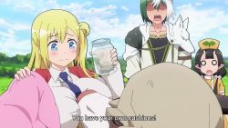 1boy 2girls animated anime_screenshot bestiality blonde_hair blue_eyes blue_necktie blush braid breast_press breasts closed_eyes cow cushion enome face_to_breasts frilled_shirt frills futoku_no_guild green_hair hat highres horns jacket kikuru_madan large_breasts long_hair mature_female multicolored_hair multiple_girls necktie open_mouth orange_jacket pointy_ears resumisu_care shirt sidelocks sound subtitled tagme video white_hair white_shirt