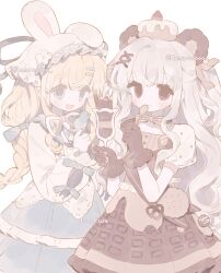 2girls animal_ears bear_ears blonde_hair blue_eyes cream dress fake_animal_ears food fruit grey_hair hair_between_eyes hair_ornament hat highres holding holding_spoon ice_cream long_hair long_sleeves memuro multiple_girls original puffy_sleeves short_sleeves spoon white_background