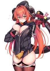 1girl :t absurdres ahoge anger_vein beret black_jacket blush breasts calamy cleavage fingerless_gloves flying_sweatdrops gloves green_eyes hair_between_eyes hat highres horns jacket large_breasts long_hair magus_(zenless_zone_zero) orange_hair orange_pupils orpheus_(zenless_zone_zero) partially_unzipped pointy_ears pout simple_background single_fingerless_glove skindentation struggling thighhighs twintails white_background yellow_gloves zenless_zone_zero zipping
