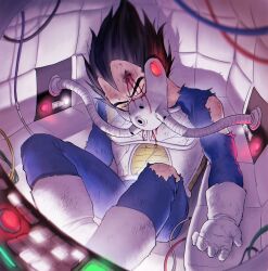1boy armor black_hair blood blood_on_clothes blood_on_face boots cable chimachimadb closed_eyes dragon_ball dragonball_z gloves highres injury light saiyan_armor science_fiction shadow solo vegeta warrior white_boots white_gloves